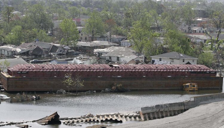 barge in subdivision from hurricane storm damage.