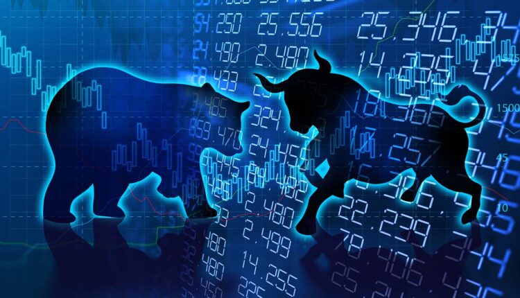 Bull and bear outlines with market numbers in background