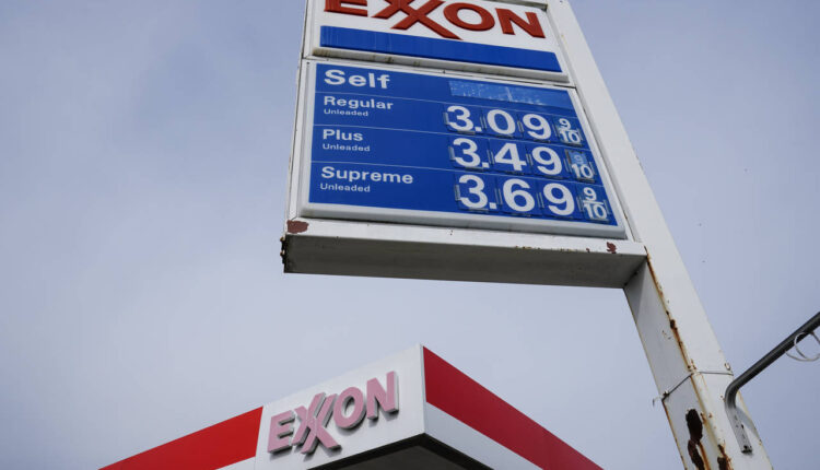 Shown is an Exxon service station sign in Philadelphia, Wednesday, April 28, 2021.  Exxon Mobil swu...