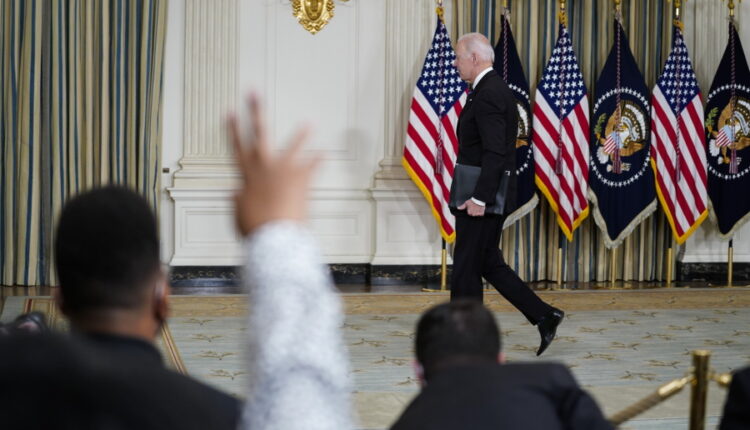President Joe Biden departs after speaking about the October jobs report from the State Dining Room of the White House, Friday, Nov. 5, 2021, in Washington.